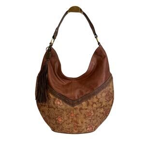 Firenze Bella Hobo Shoulder Handbag Women Brown Leather Floral Tassel Top Handle
